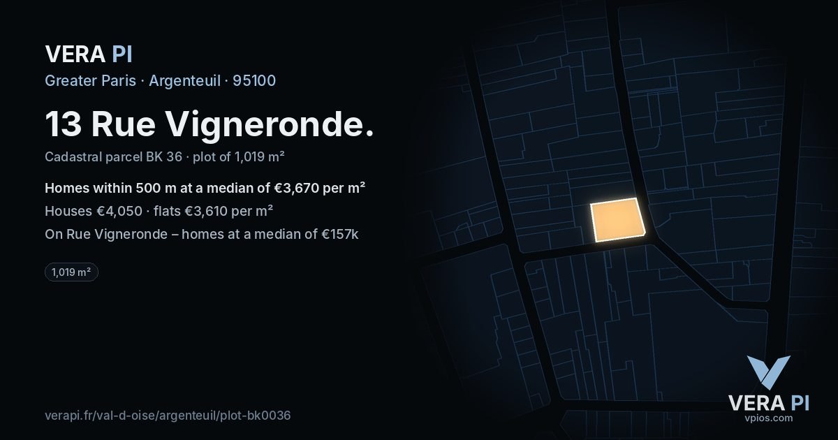 13 Rue Vigneronde, Argenteuil at night – the plot lit, the parcels around coloured by the prices near them