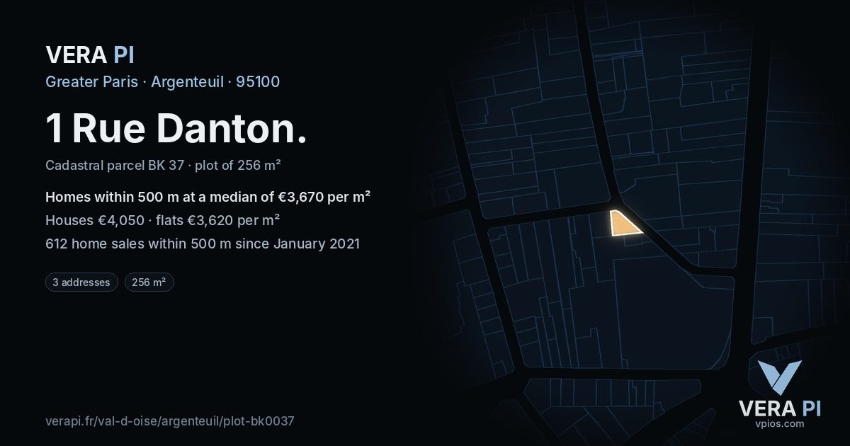 1 Rue Danton, Argenteuil at night – the plot lit, the parcels around coloured by the prices near them
