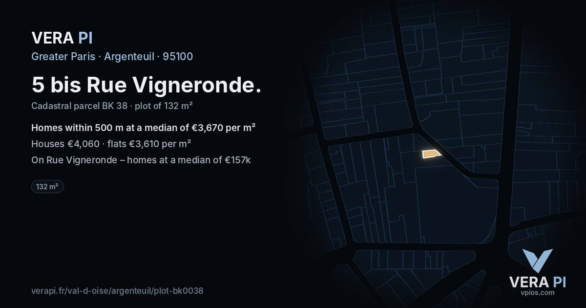 5 bis Rue Vigneronde, Argenteuil at night – the plot lit, the parcels around coloured by the prices near them