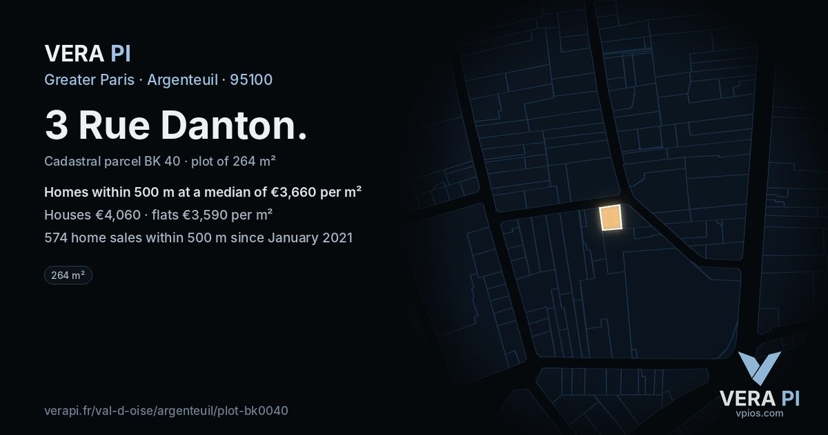 3 Rue Danton, Argenteuil at night – the plot lit, the parcels around coloured by the prices near them