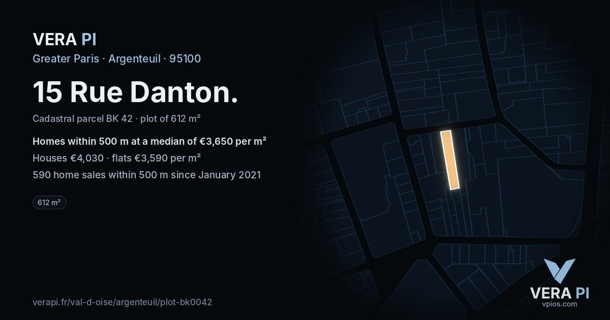 15 Rue Danton, Argenteuil at night – the plot lit, the parcels around coloured by the prices near them