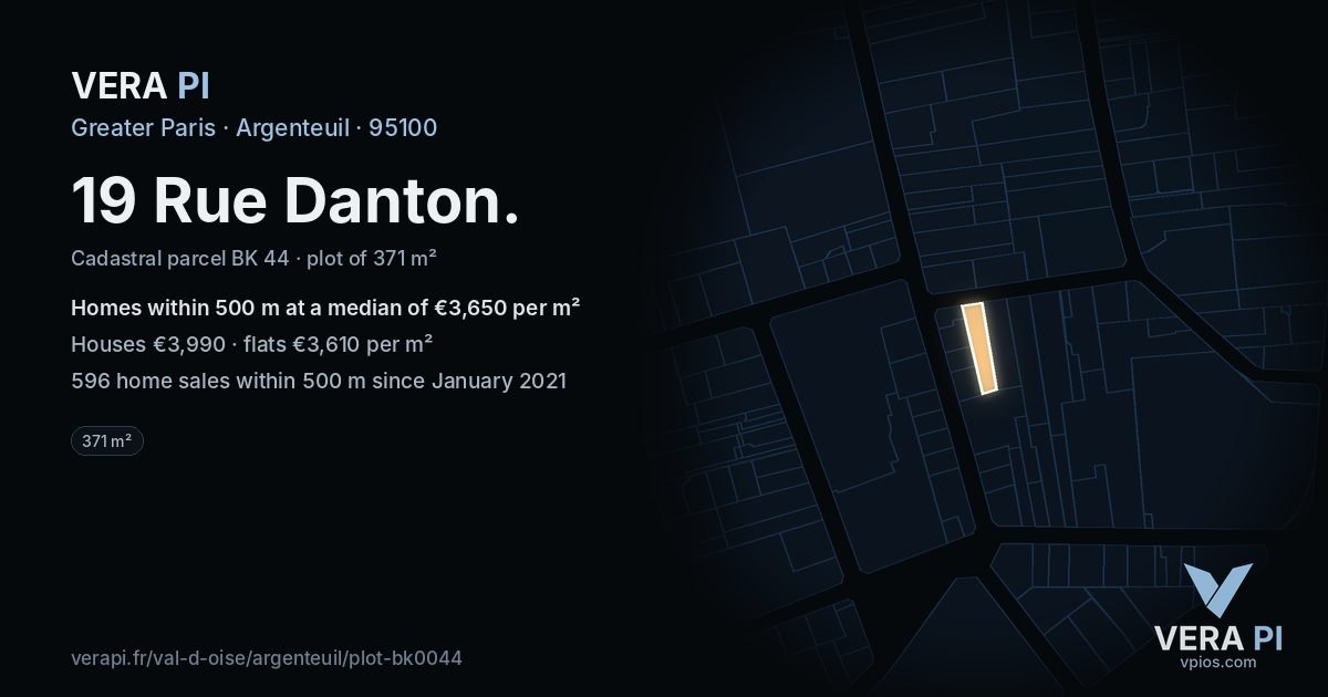19 Rue Danton, Argenteuil at night – the plot lit, the parcels around coloured by the prices near them