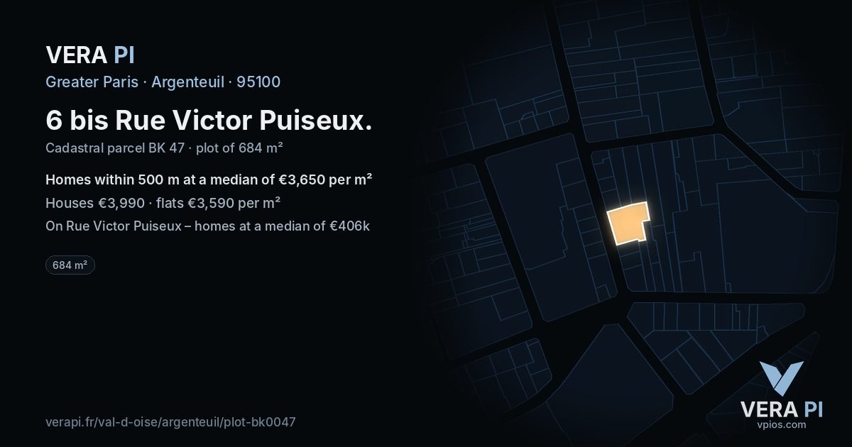6 bis Rue Victor Puiseux, Argenteuil at night – the plot lit, the parcels around coloured by the prices near them