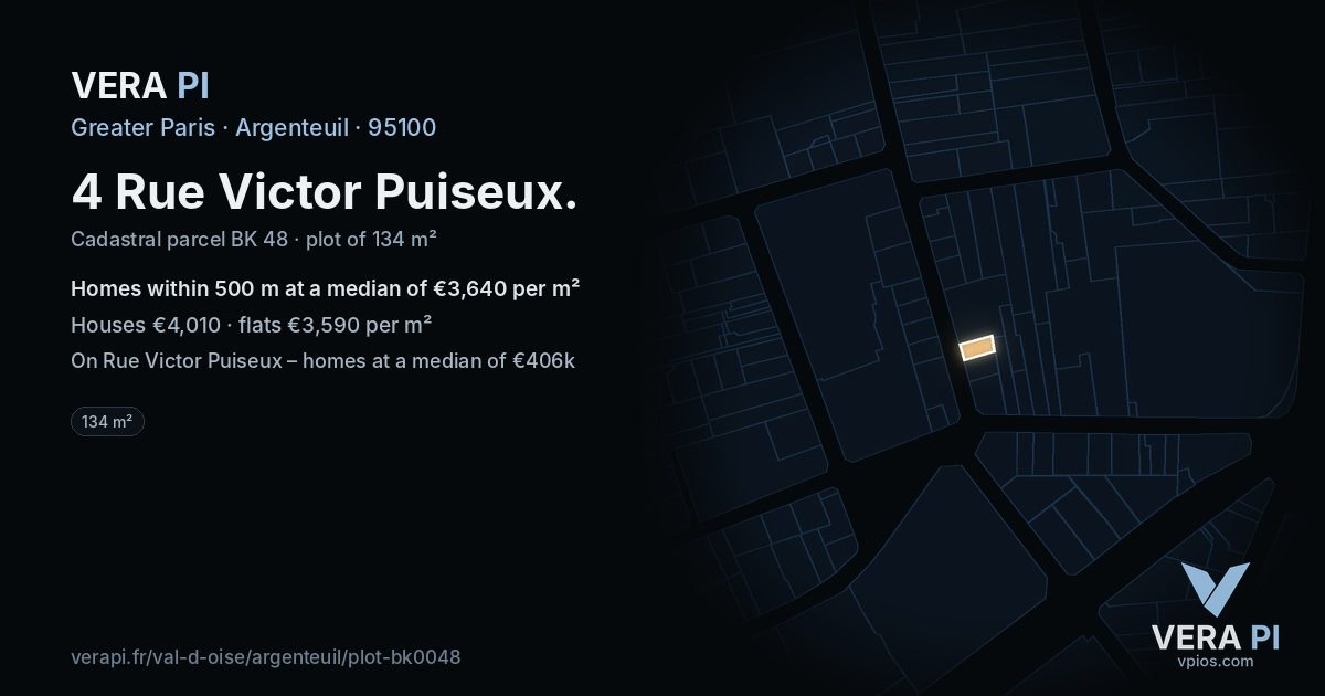 4 Rue Victor Puiseux, Argenteuil at night – the plot lit, the parcels around coloured by the prices near them