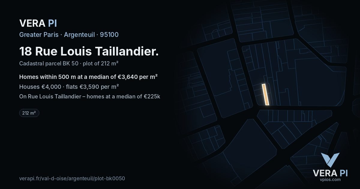 18 Rue Louis Taillandier, Argenteuil at night – the plot lit, the parcels around coloured by the prices near them