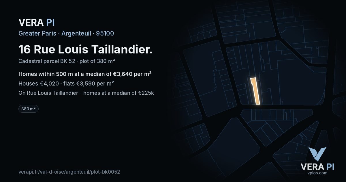 16 Rue Louis Taillandier, Argenteuil at night – the plot lit, the parcels around coloured by the prices near them
