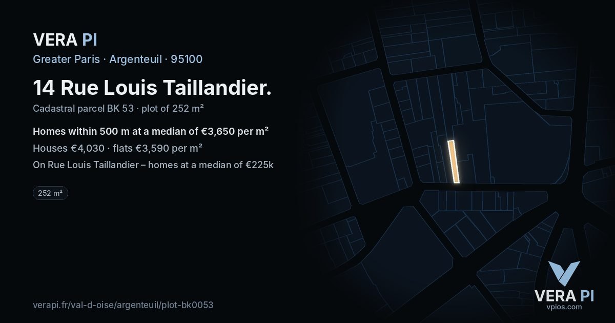 14 Rue Louis Taillandier, Argenteuil at night – the plot lit, the parcels around coloured by the prices near them