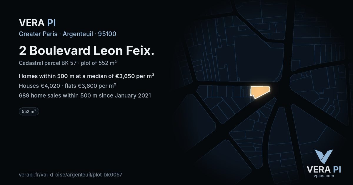 2 Boulevard Leon Feix, Argenteuil at night – the plot lit, the parcels around coloured by the prices near them