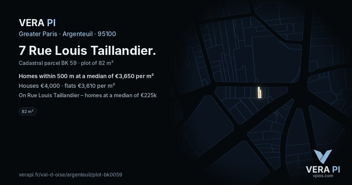 7 Rue Louis Taillandier, Argenteuil at night – the plot lit, the parcels around coloured by the prices near them