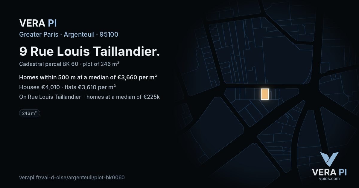 9 Rue Louis Taillandier, Argenteuil at night – the plot lit, the parcels around coloured by the prices near them