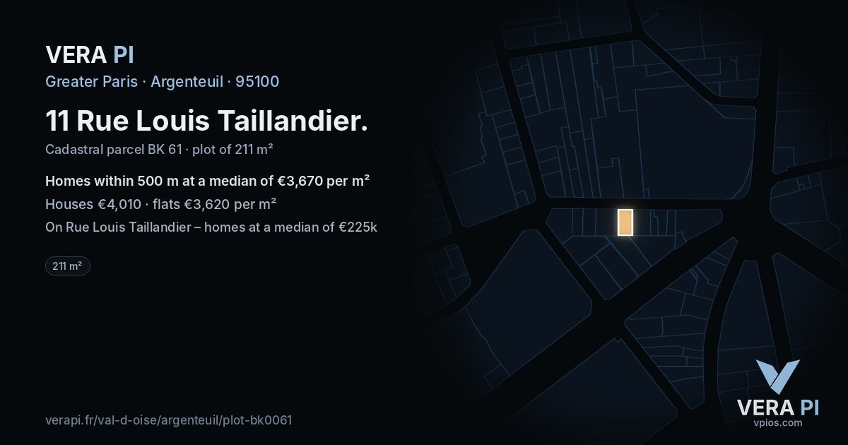 11 Rue Louis Taillandier, Argenteuil at night – the plot lit, the parcels around coloured by the prices near them