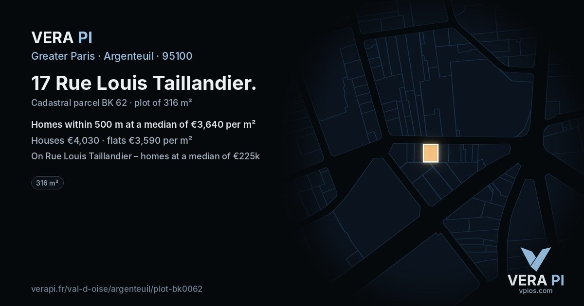 17 Rue Louis Taillandier, Argenteuil at night – the plot lit, the parcels around coloured by the prices near them