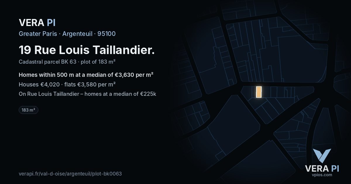 19 Rue Louis Taillandier, Argenteuil at night – the plot lit, the parcels around coloured by the prices near them