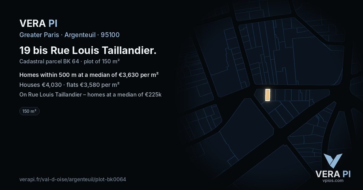 19 bis Rue Louis Taillandier, Argenteuil at night – the plot lit, the parcels around coloured by the prices near them