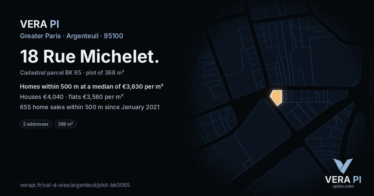 18 Rue Michelet, Argenteuil at night – the plot lit, the parcels around coloured by the prices near them