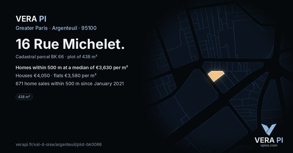 16 Rue Michelet, Argenteuil at night – the plot lit, the parcels around coloured by the prices near them
