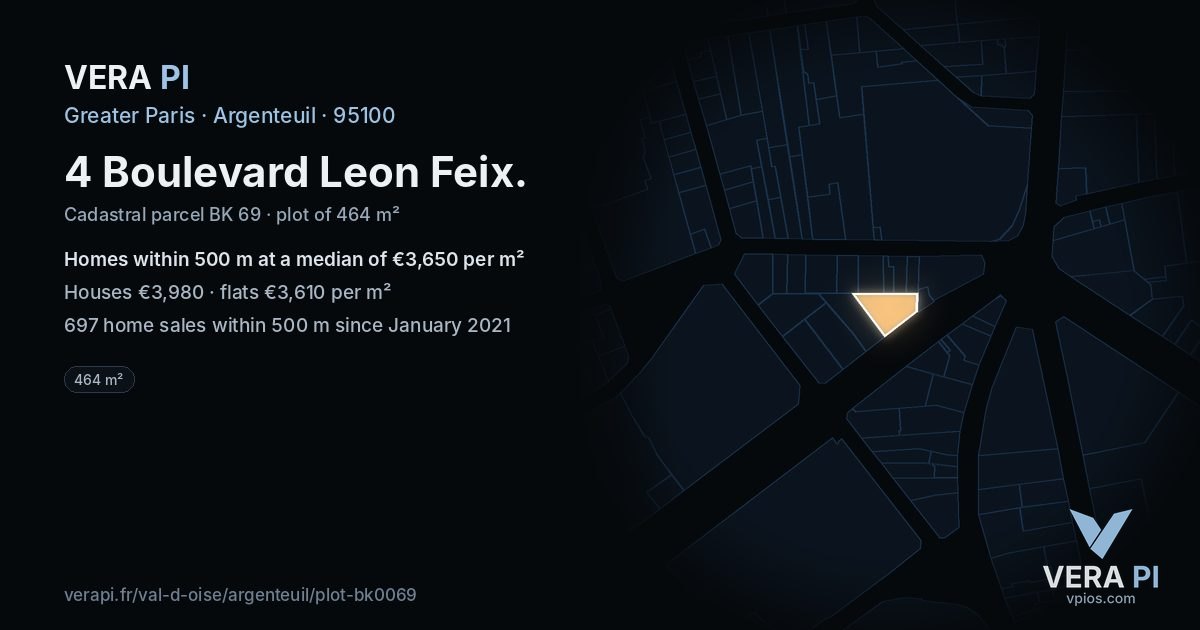 4 Boulevard Leon Feix, Argenteuil at night – the plot lit, the parcels around coloured by the prices near them