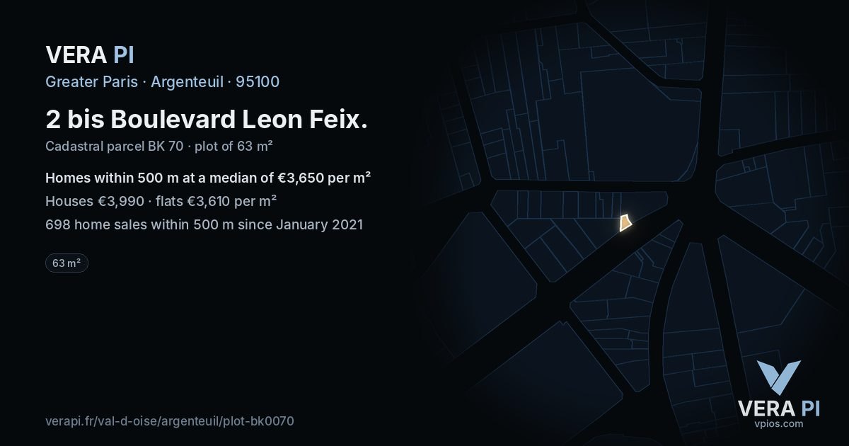 2 bis Boulevard Leon Feix, Argenteuil at night – the plot lit, the parcels around coloured by the prices near them
