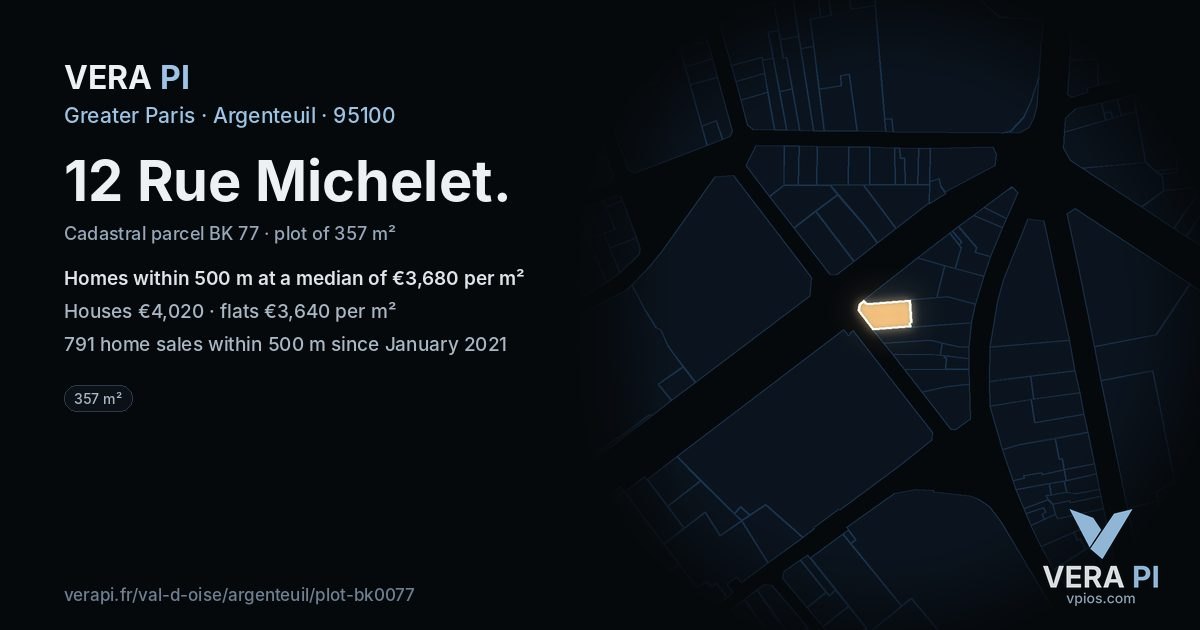12 Rue Michelet, Argenteuil at night – the plot lit, the parcels around coloured by the prices near them