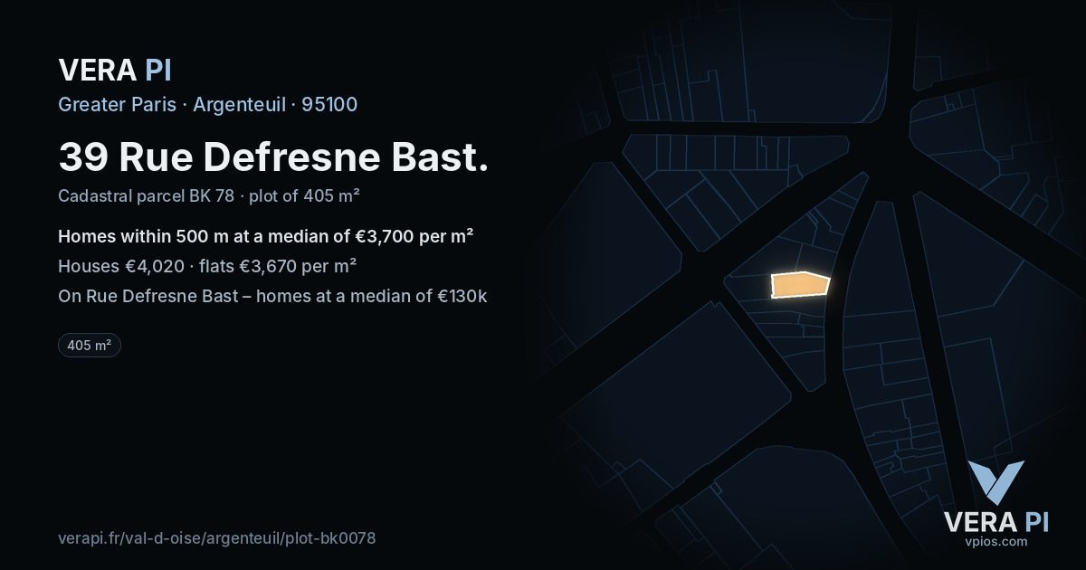39 Rue Defresne Bast, Argenteuil at night – the plot lit, the parcels around coloured by the prices near them