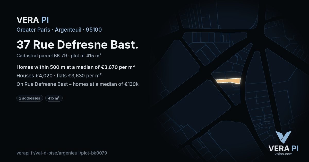 37 Rue Defresne Bast, Argenteuil at night – the plot lit, the parcels around coloured by the prices near them