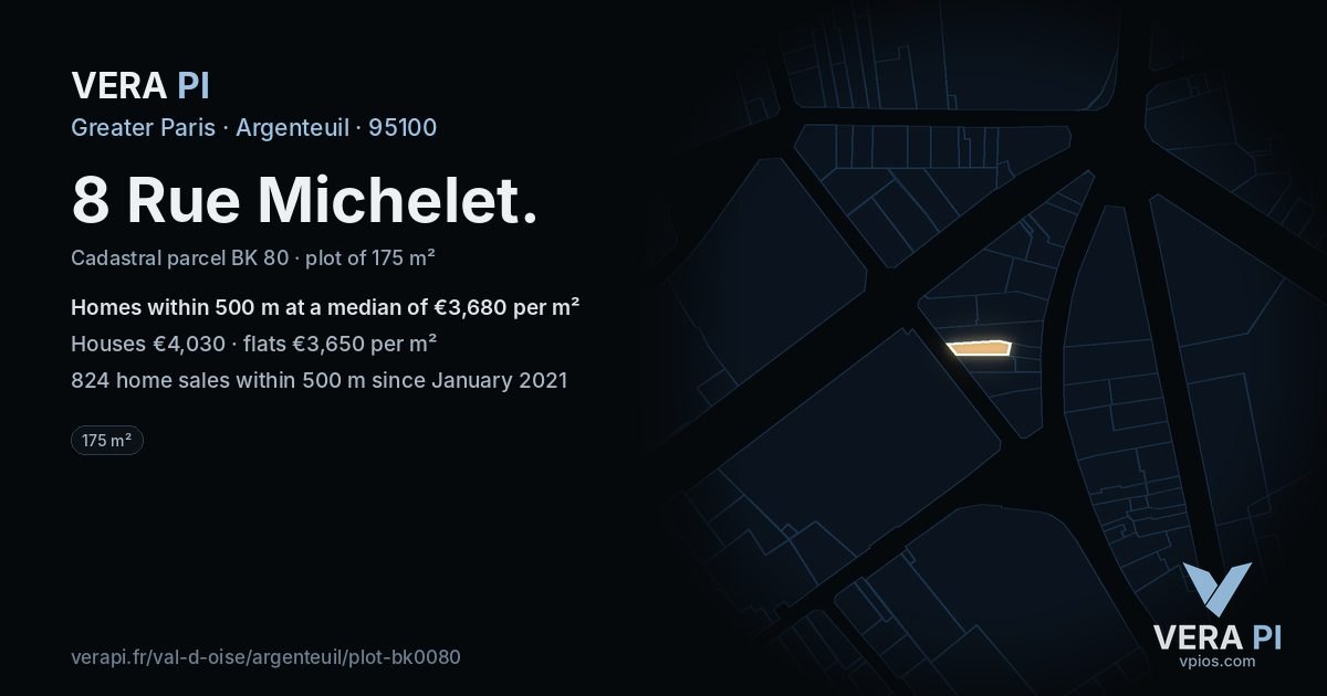 8 Rue Michelet, Argenteuil at night – the plot lit, the parcels around coloured by the prices near them