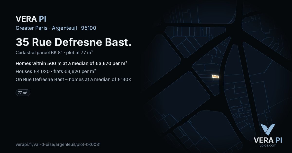 35 Rue Defresne Bast, Argenteuil at night – the plot lit, the parcels around coloured by the prices near them