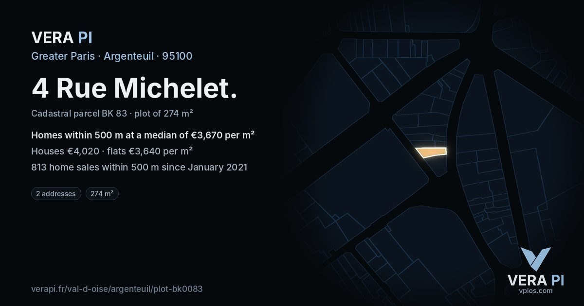 4 Rue Michelet, Argenteuil at night – the plot lit, the parcels around coloured by the prices near them