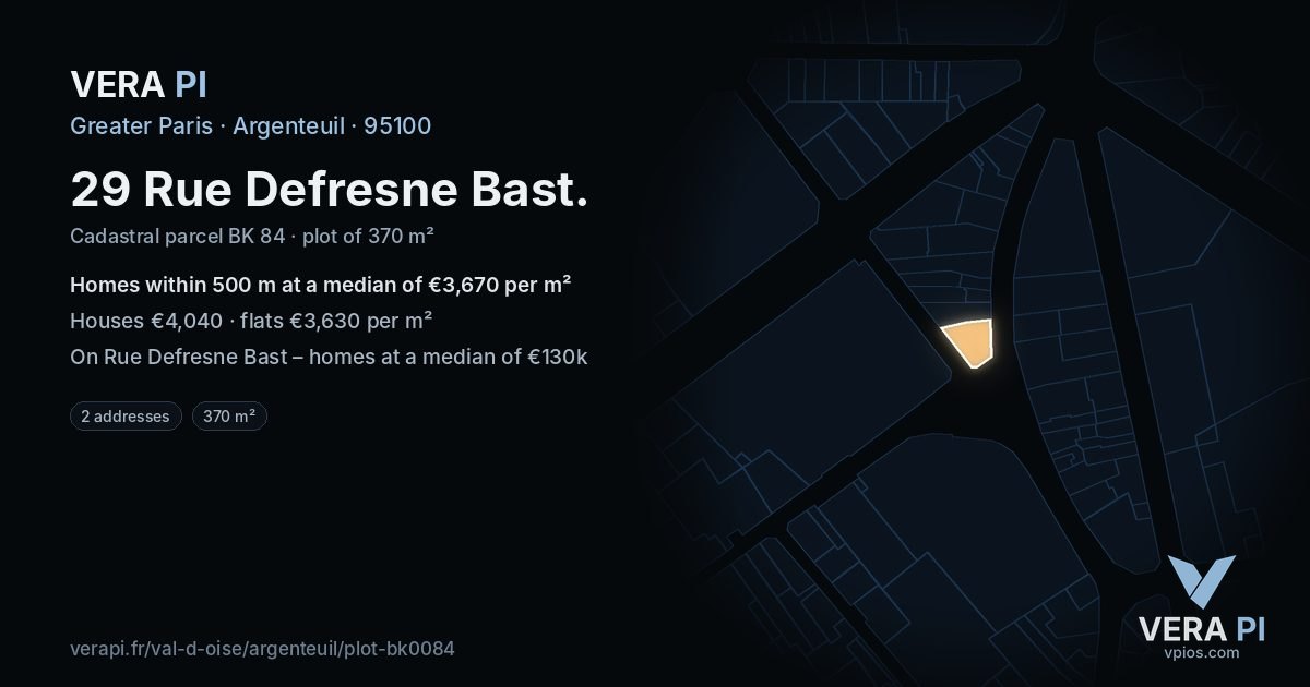29 Rue Defresne Bast, Argenteuil at night – the plot lit, the parcels around coloured by the prices near them