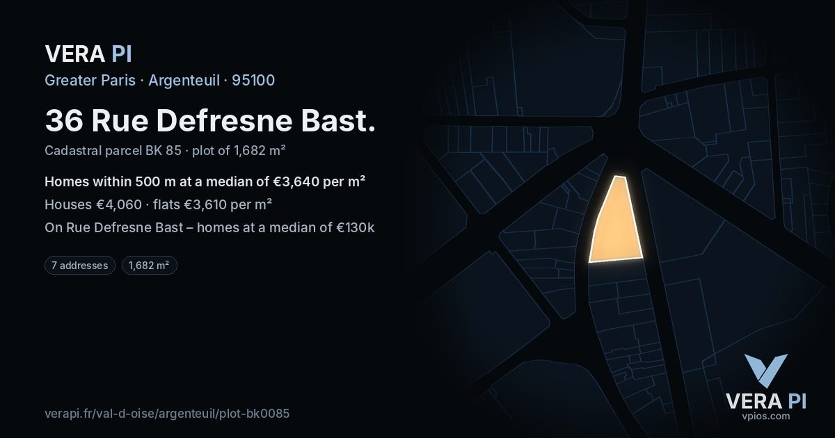 36 Rue Defresne Bast, Argenteuil at night – the plot lit, the parcels around coloured by the prices near them