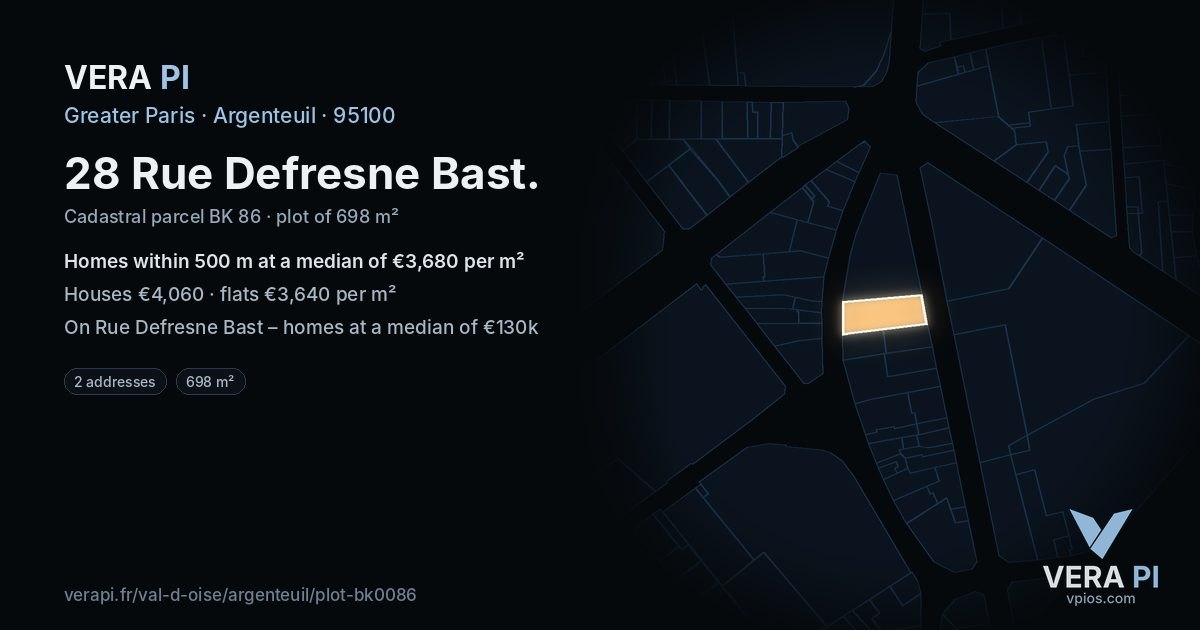 28 Rue Defresne Bast, Argenteuil at night – the plot lit, the parcels around coloured by the prices near them