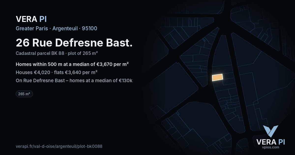26 Rue Defresne Bast, Argenteuil at night – the plot lit, the parcels around coloured by the prices near them
