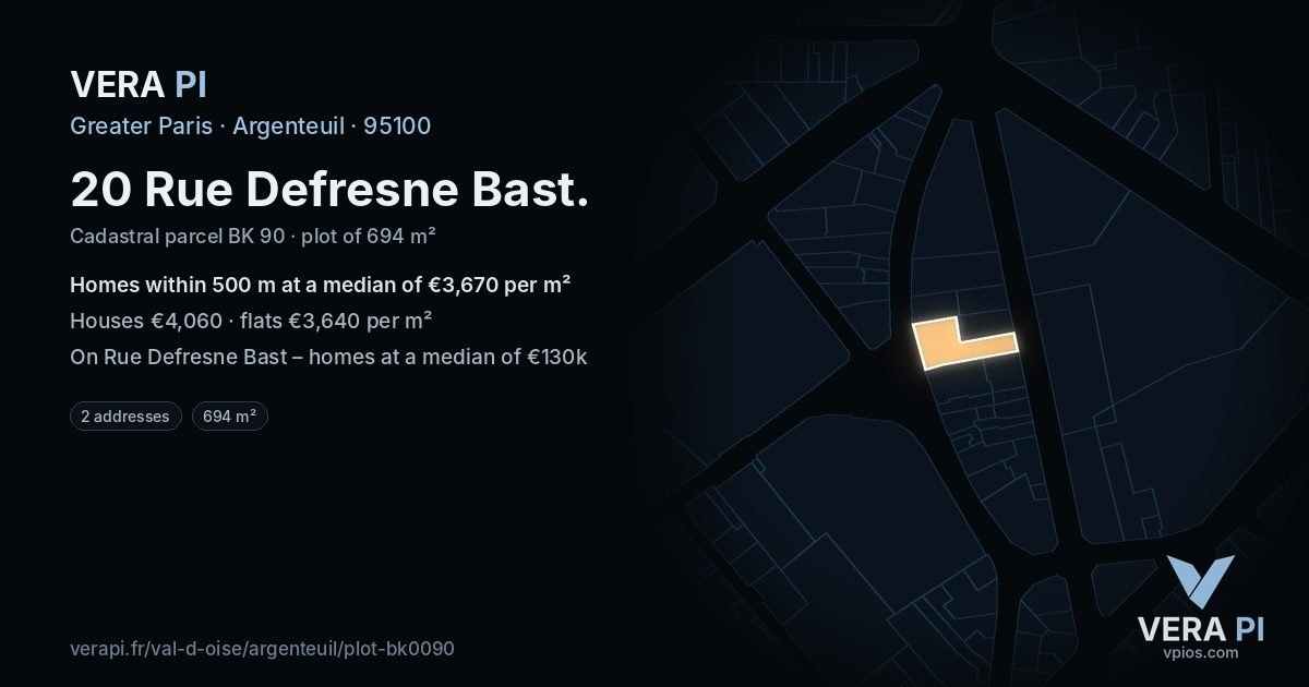 20 Rue Defresne Bast, Argenteuil at night – the plot lit, the parcels around coloured by the prices near them
