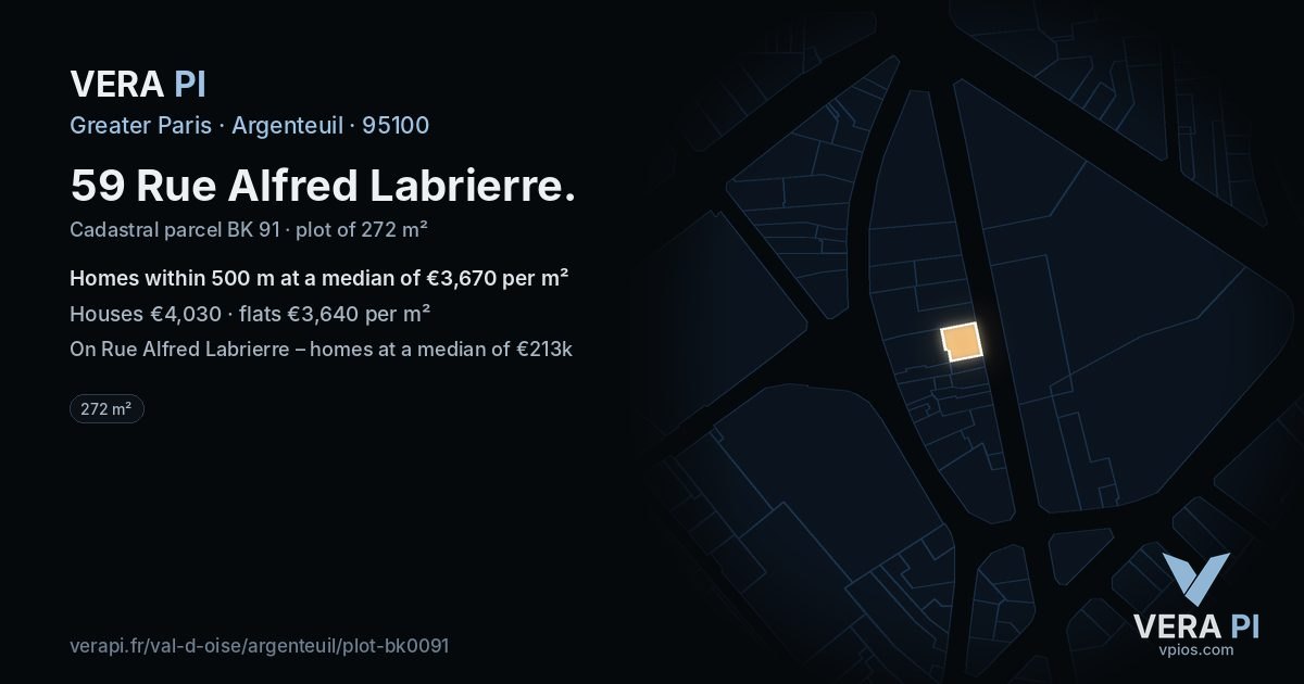 59 Rue Alfred Labrierre, Argenteuil at night – the plot lit, the parcels around coloured by the prices near them