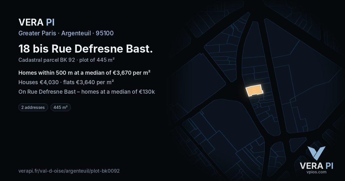 18 bis Rue Defresne Bast, Argenteuil at night – the plot lit, the parcels around coloured by the prices near them