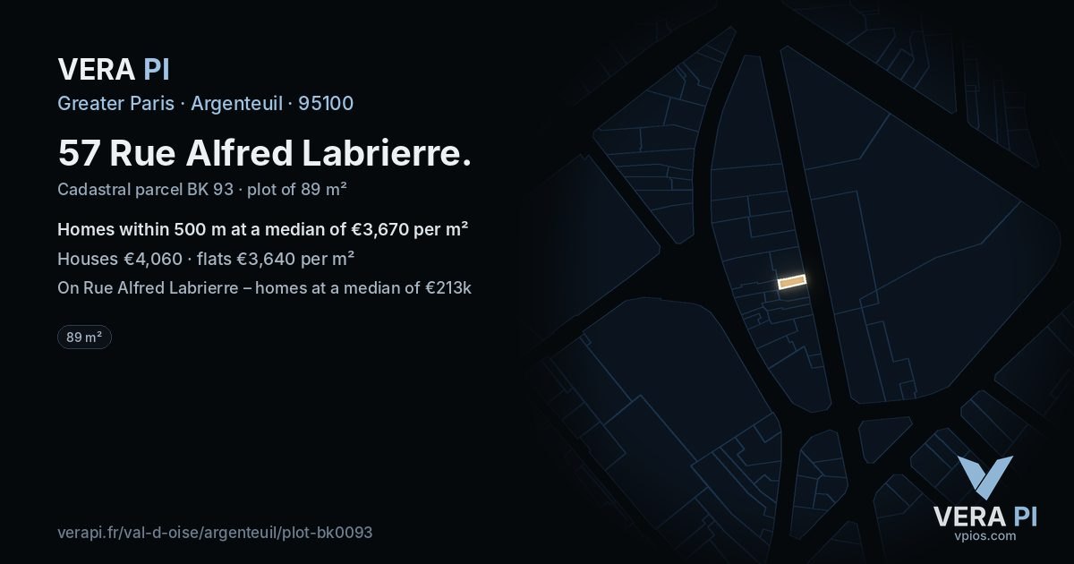 57 Rue Alfred Labrierre, Argenteuil at night – the plot lit, the parcels around coloured by the prices near them