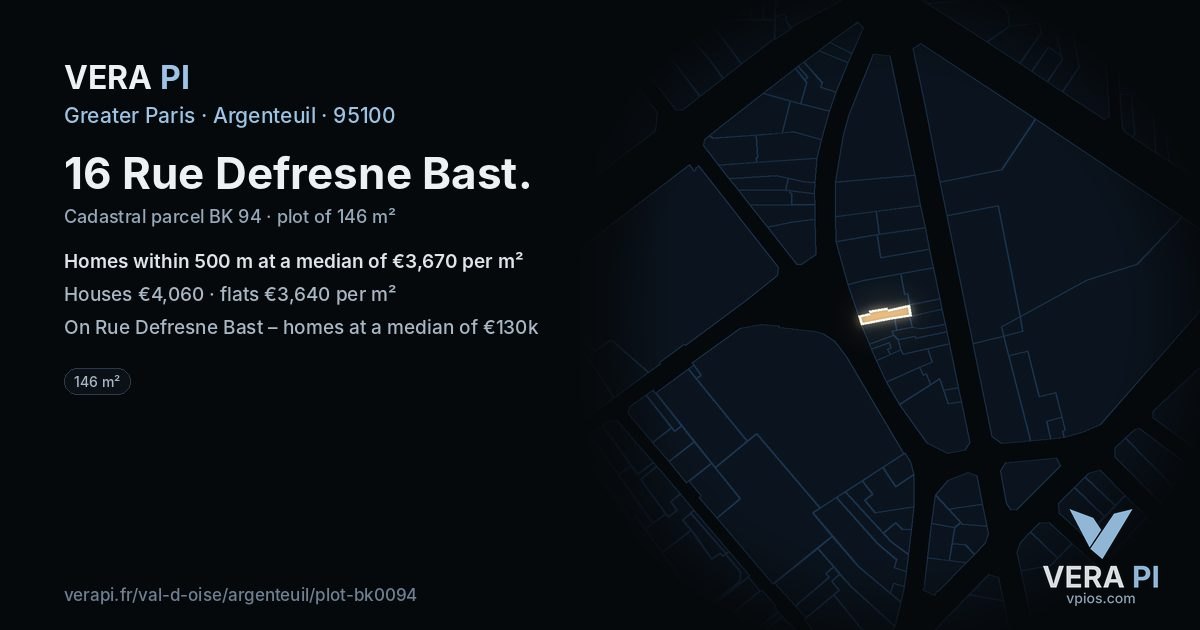 16 Rue Defresne Bast, Argenteuil at night – the plot lit, the parcels around coloured by the prices near them