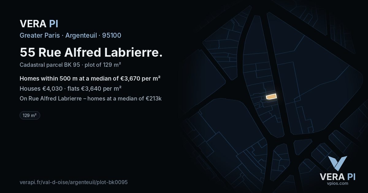 55 Rue Alfred Labrierre, Argenteuil at night – the plot lit, the parcels around coloured by the prices near them