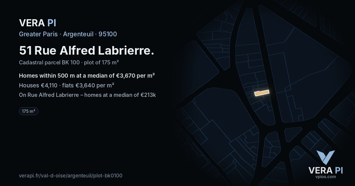 51 Rue Alfred Labrierre, Argenteuil at night – the plot lit, the parcels around coloured by the prices near them