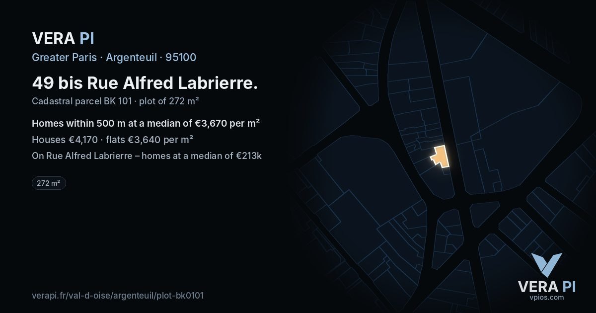 49 bis Rue Alfred Labrierre, Argenteuil at night – the plot lit, the parcels around coloured by the prices near them