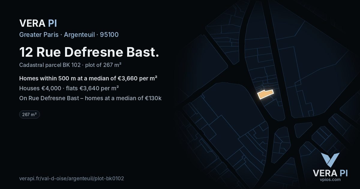 12 Rue Defresne Bast, Argenteuil at night – the plot lit, the parcels around coloured by the prices near them