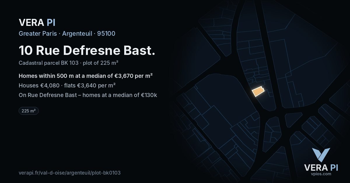 10 Rue Defresne Bast, Argenteuil at night – the plot lit, the parcels around coloured by the prices near them