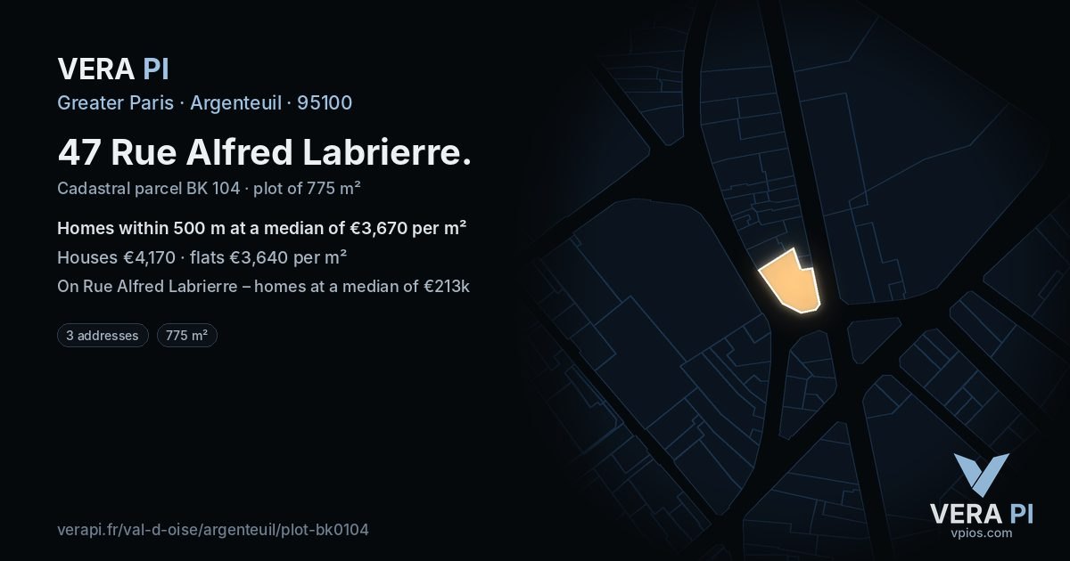 47 Rue Alfred Labrierre, Argenteuil at night – the plot lit, the parcels around coloured by the prices near them