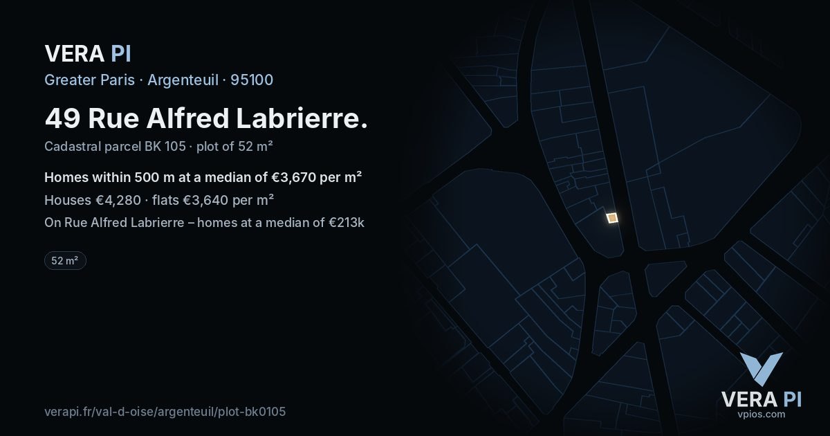 49 Rue Alfred Labrierre, Argenteuil at night – the plot lit, the parcels around coloured by the prices near them