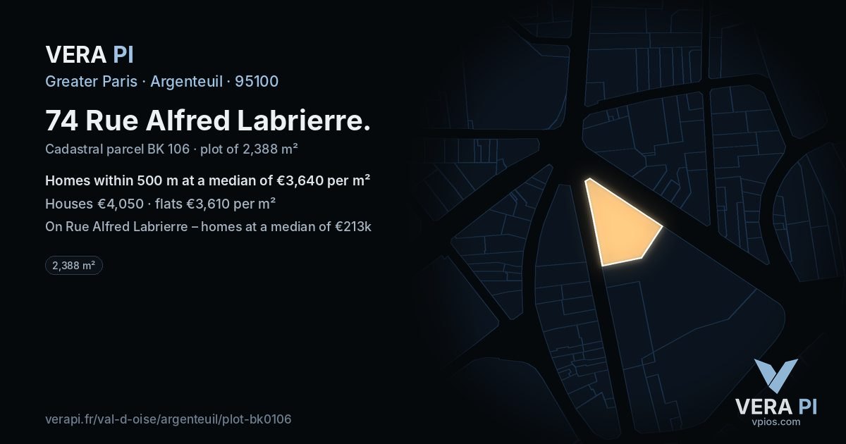 74 Rue Alfred Labrierre, Argenteuil at night – the plot lit, the parcels around coloured by the prices near them