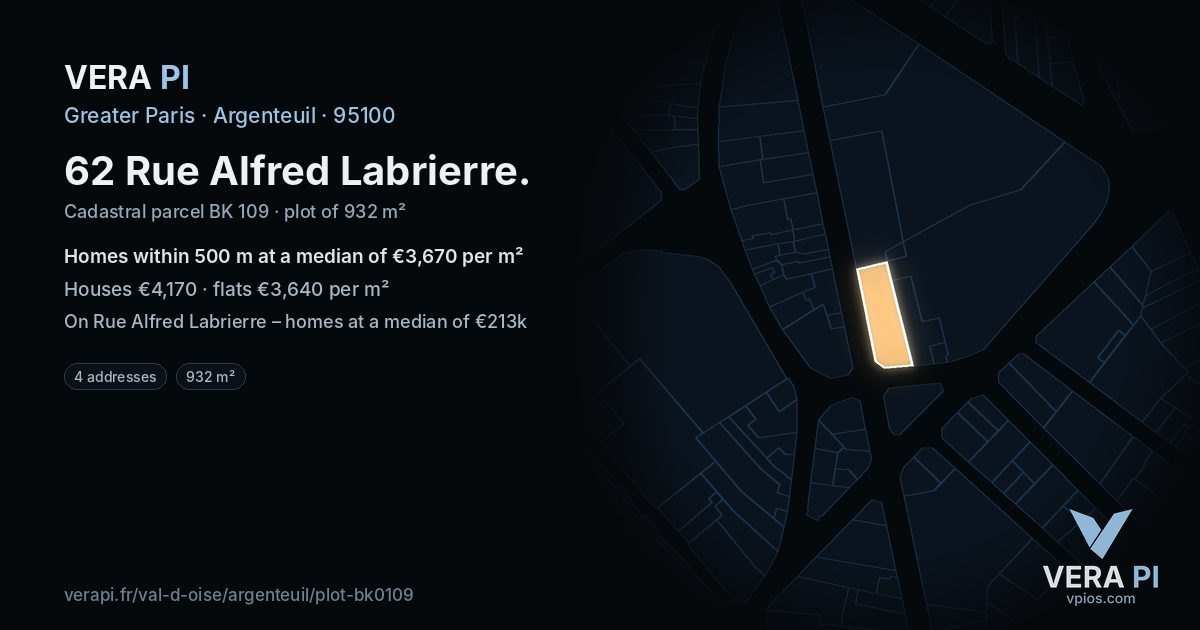 62 Rue Alfred Labrierre, Argenteuil at night – the plot lit, the parcels around coloured by the prices near them