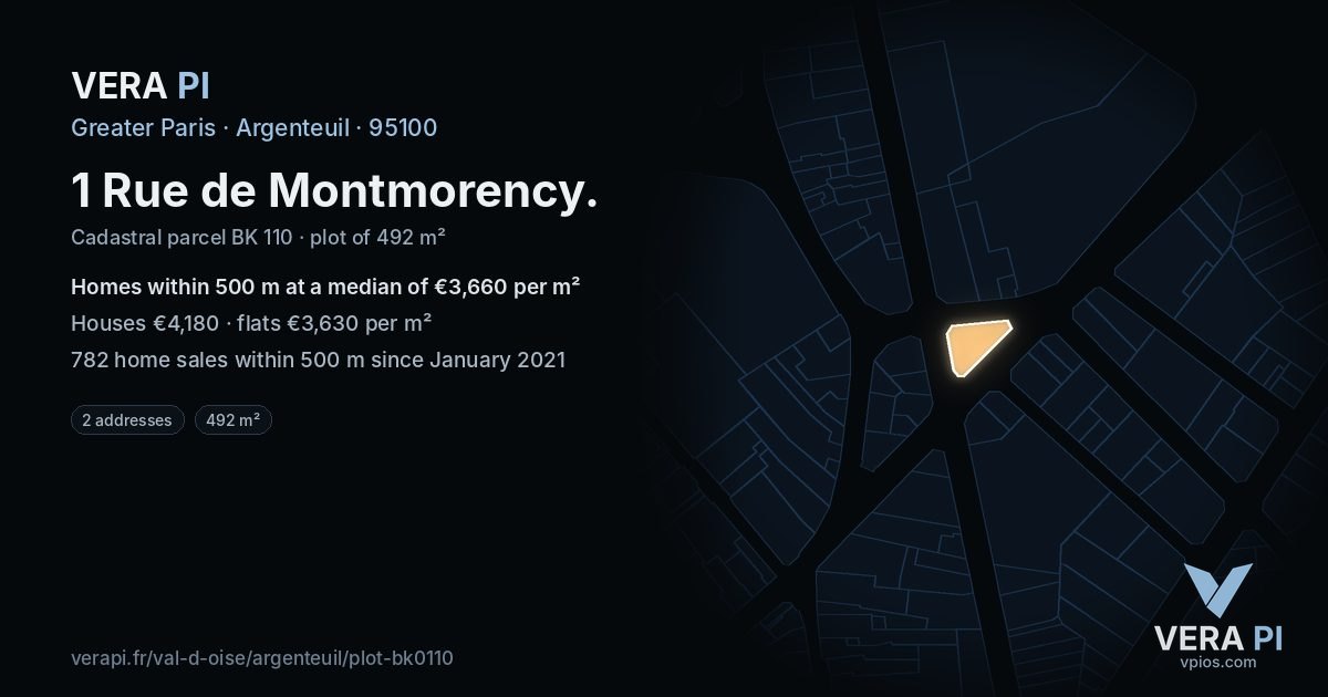 1 Rue de Montmorency, Argenteuil at night – the plot lit, the parcels around coloured by the prices near them