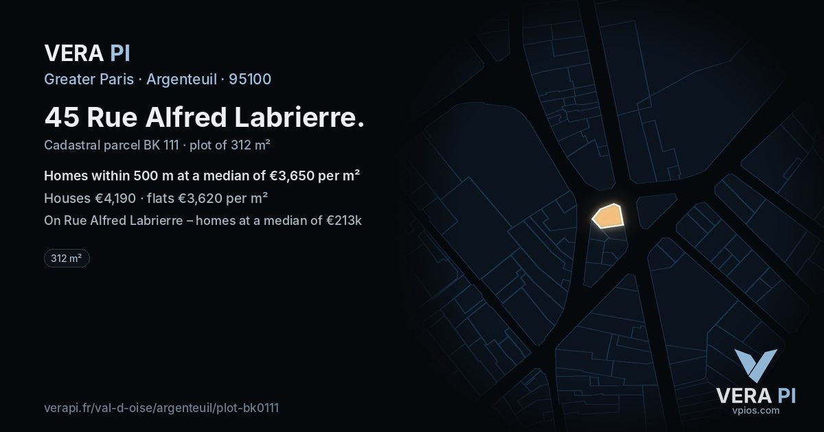 45 Rue Alfred Labrierre, Argenteuil at night – the plot lit, the parcels around coloured by the prices near them