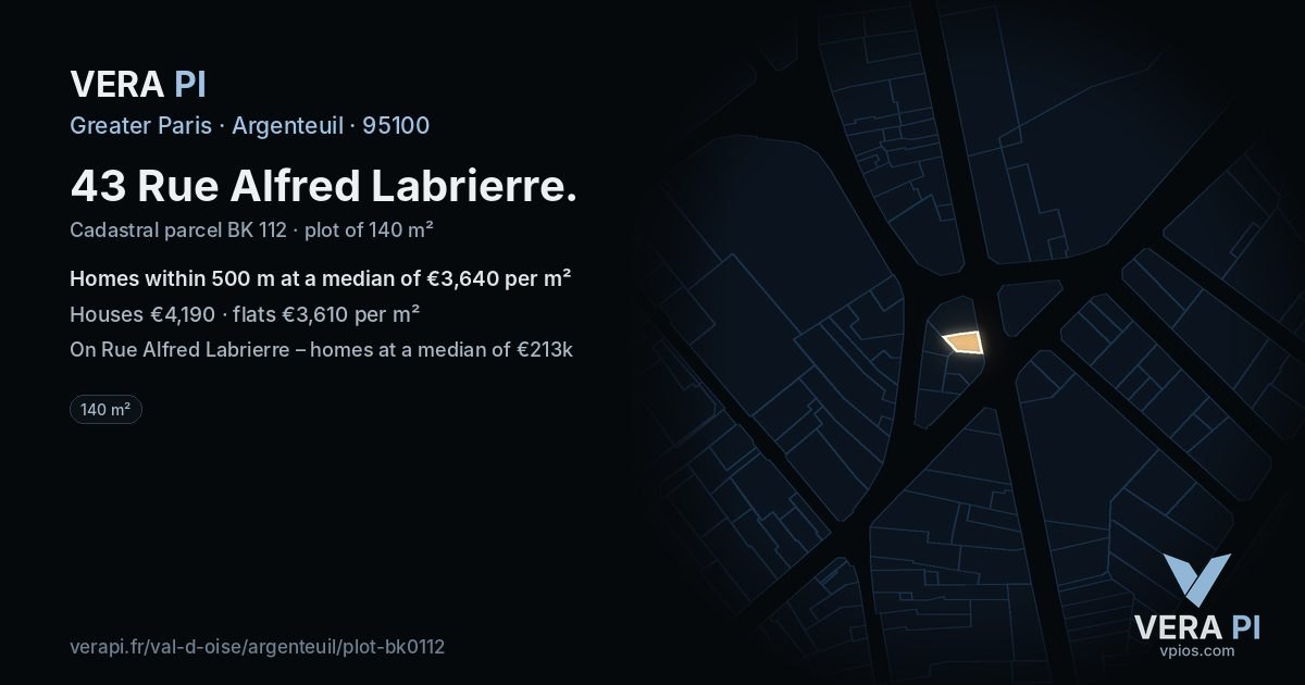 43 Rue Alfred Labrierre, Argenteuil at night – the plot lit, the parcels around coloured by the prices near them