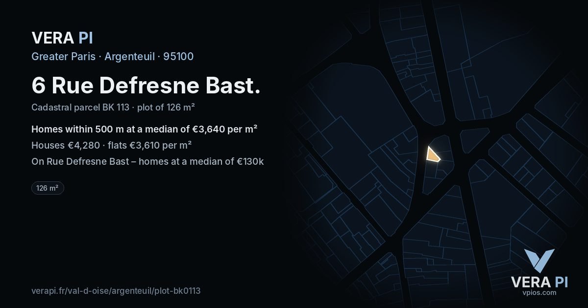 6 Rue Defresne Bast, Argenteuil at night – the plot lit, the parcels around coloured by the prices near them